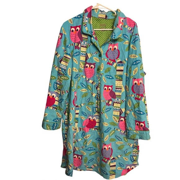 Nick & Nora Turquoise Owls Flannel Nightgown Sz XXL - Picture 2 of 5